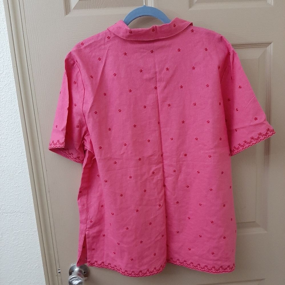 NWT DENIM & CO Pink Embroidered Blouse LINEN / Rayon - Picture 2 of 7